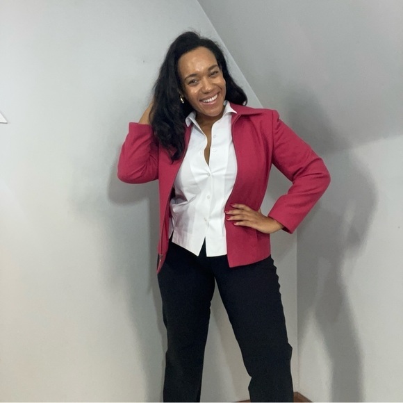 Vintage Pink Wool Cropped Short Jacket Zip Blazer Career Business Preppy Fitted - Picture 12 of 12